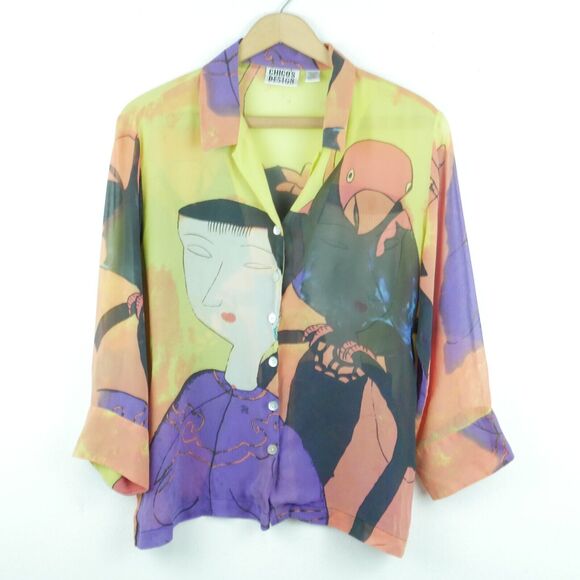 Vintage Chicos Size 1 Button Up Silk Shirt Asian Woman Bird Artsy 90s Sheer Y2K - Picture 1 of 8
